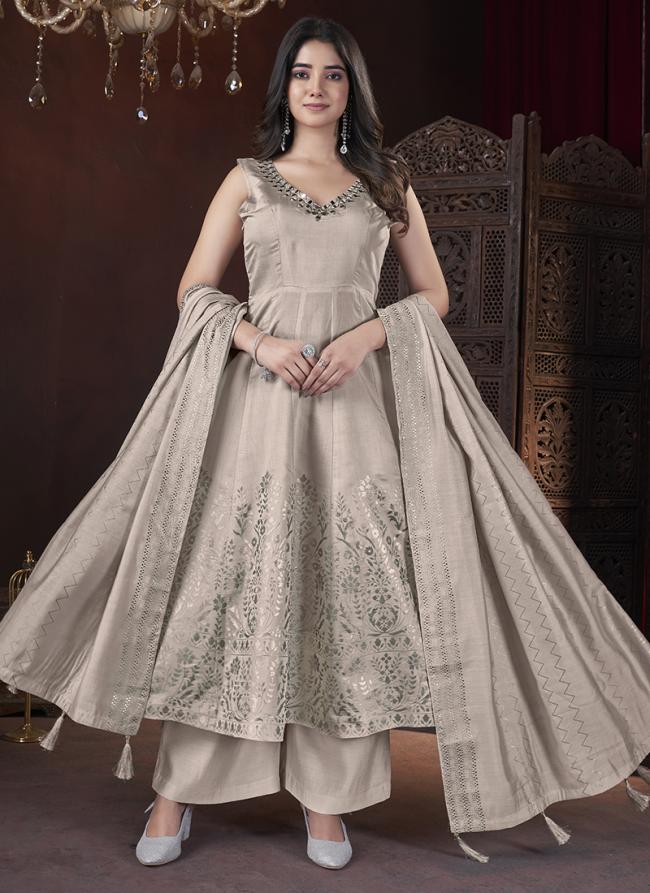 Roman Silk Beige Festival Wear Foil Print Readymade Anarkali Suit